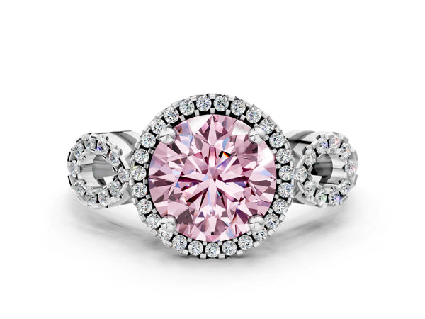 Platinum Fancy Pink Round Cut Cut Halo Diamond Infinity Band with Four-Prong Setting