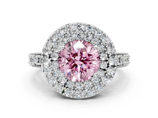 Platinum Fancy Pink Round Cut Diamond Double Halo Ring with Pavé Band and Four-Prong Setting