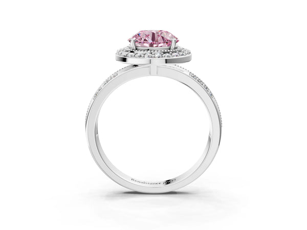 Platinum Fancy Pink Round Cut Diamond Double Halo Ring with Split Shank and Four-Prong Setting