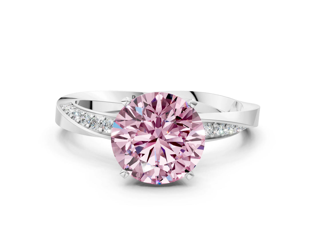 Platinum Fancy Pink Round Cut Diamond Engagement Ring with Side Stone Accents and Four-Prong Setting