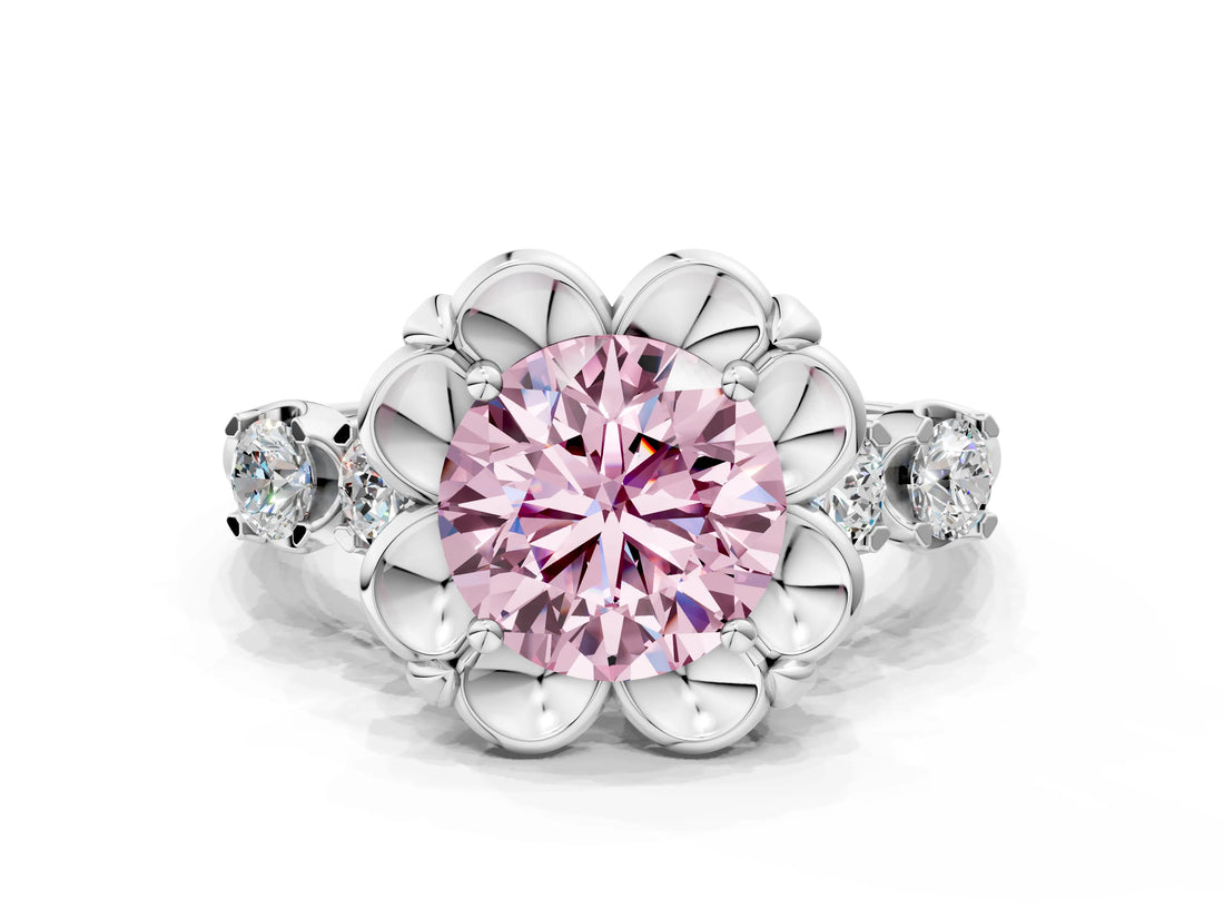 Platinum Fancy Pink Round  Cut Diamond Floral Halo Engagement Ring with Shared Prong Setting 1