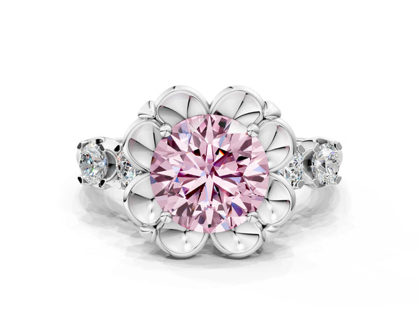 Platinum Fancy Pink Round  Cut Diamond Floral Halo Engagement Ring with Shared Prong Setting