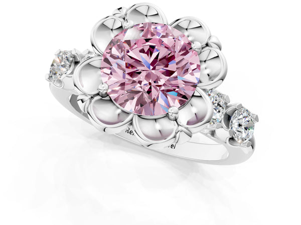 Platinum Fancy Pink Round  Cut Diamond Floral Halo Engagement Ring with Shared Prong Setting