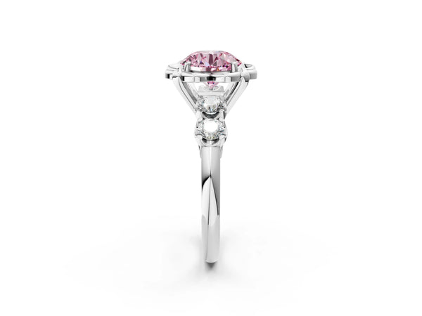 Platinum Fancy Pink Round  Cut Diamond Floral Halo Engagement Ring with Shared Prong Setting