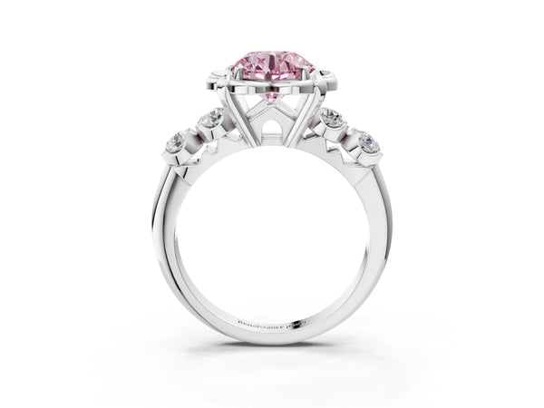 Platinum Fancy Pink Round  Cut Diamond Floral Halo Engagement Ring with Shared Prong Setting