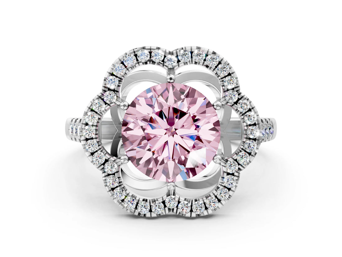 Platinum Fancy Pink Round Cut Diamond Floral Halo Split Shank Prong Setting Ring_24