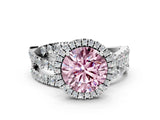 Platinum Fancy Pink Round Cut Diamond Halo Ring with Round Split Shank and Prong Setting_12