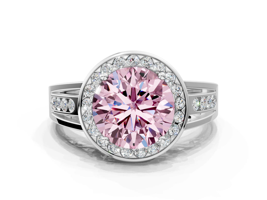Platinum Fancy Pink Round Cut Diamond Halo Ring with Split Shank and Bezel Accents and Prong Setting_12