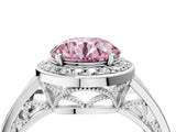 Platinum Fancy Pink Round Cut Diamond Halo Ring with Split Shank and Bezel Accents and Prong Setting_16
