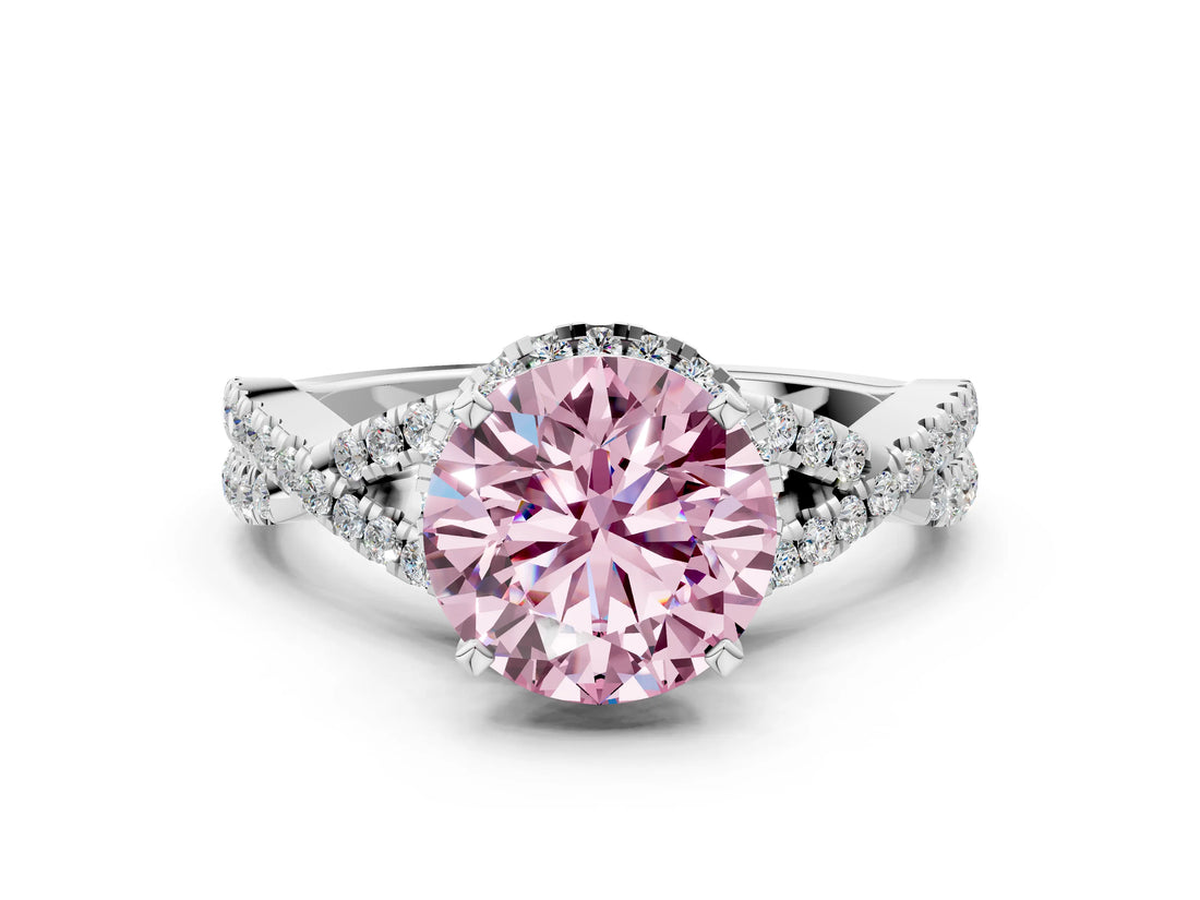 Platinum Fancy Pink Round Cut Diamond  Halo Twist Band Solitaire Prong Setting Ring_12