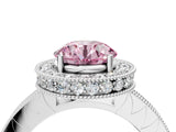 Platinum Fancy Pink Round Cut Diamond Milgrain Halo Engagement Ring with Round Pavé Band and Prong Setting_16