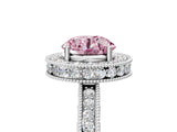 Platinum Fancy Pink Round Cut Diamond Milgrain Halo Engagement Ring with Round Pavé Band and Prong Setting_17