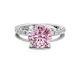 Platinum Fancy Pink Round Cut Diamond Pavé Solitaire Ring with Round Band and Prong Setting