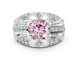 Platinum Fancy Pink Round Cut Diamond Pave Art Deco Split Shank Ring with Four-Prong Setting_6