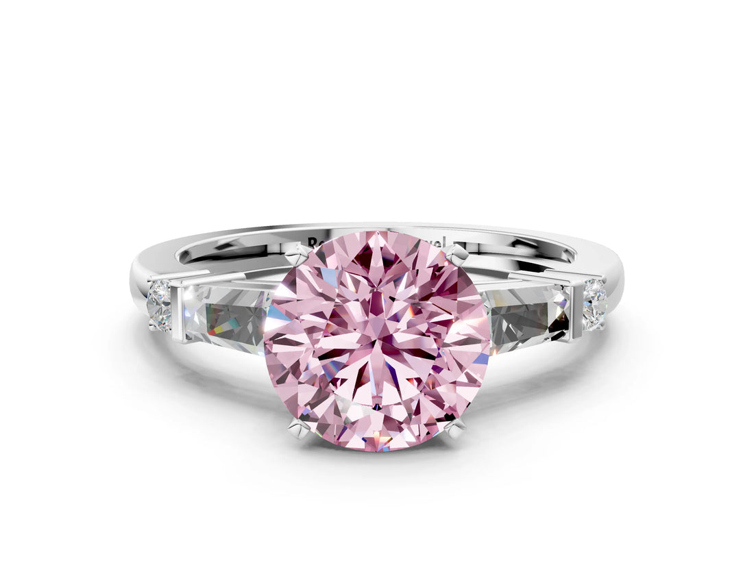 Platinum Fancy Pink Round  Cut Diamond Ring with Baguette Side Stones, Channel Set Band, and Four-Prong Setting_24