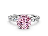 Platinum Fancy Pink Round Cut Diamond Solitaire Pavé Engagement Ring with Round Band and Prong Setting