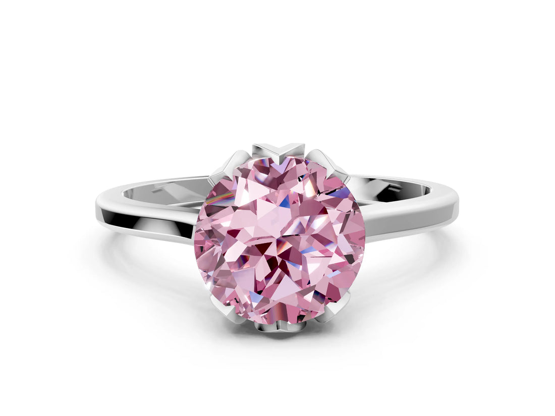 Platinum Fancy Pink Round Cut Diamond Solitaire Ring with Flower Prong Setting and Classic Band_12