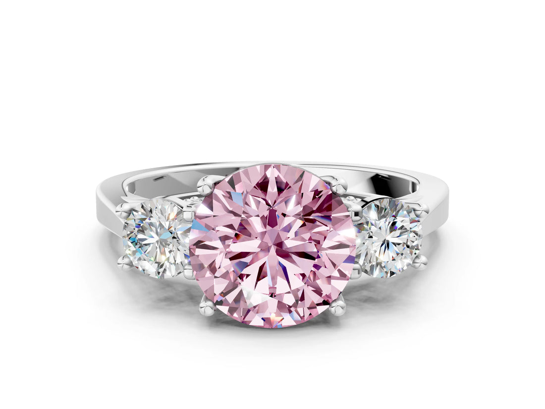 Platinum Fancy Pink Round Cut Diamond Three-Stone Engagement Ring with Prong Setting and Pavé Band_12