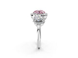 Platinum Fancy Pink Round Cut Diamond Three-Stone Halo Ring with Prong Setting and Pavé Accents_14
