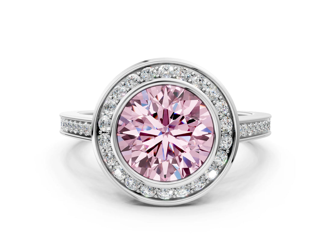 Platinum Fancy Pink Round Cut Halo Bezel Diamond Pave Band Ring_6