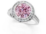 Platinum Fancy Pink Round Cut Halo Bezel Diamond Pave Band Ring_7