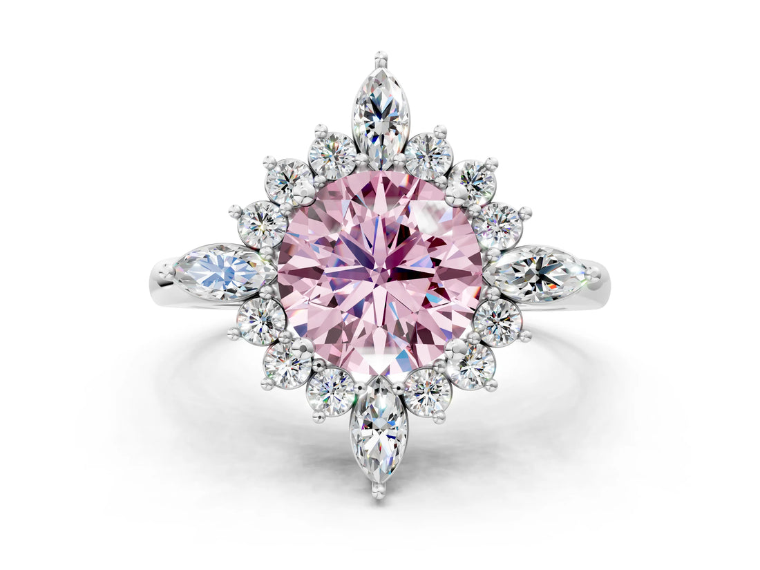 Platinum Fancy Pink Round Cut Halo Diamond Cluster Ring with Marquise and Round Stones on a White Gold Band with Prong Setting_12