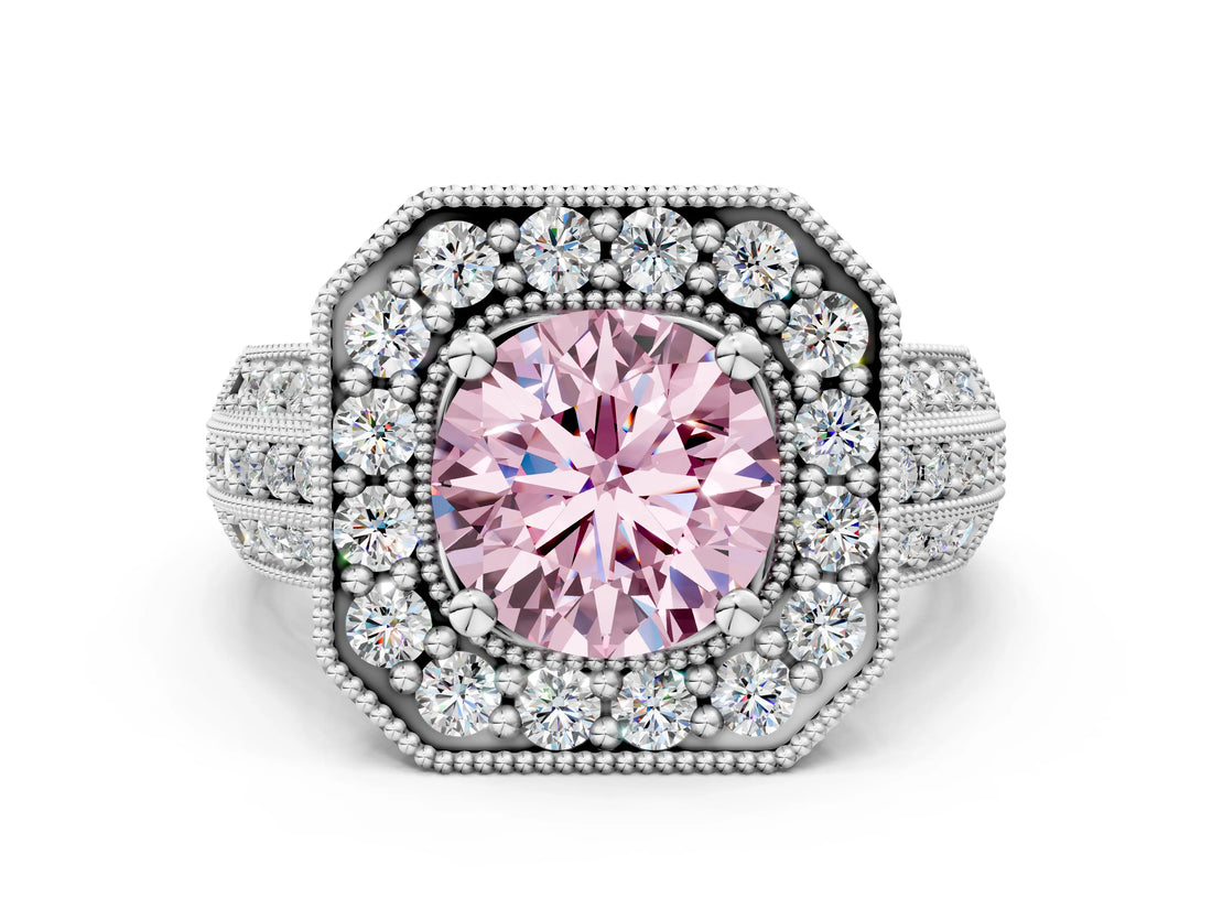 Platinum Fancy Pink Round Cut Halo Diamond Engagement Ring with Pave Split Shank and Four-Prong Setting_36