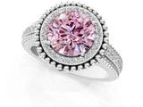 Platinum Fancy Pink Round Cut Halo Diamond Ring with Beaded Split Shank and Four-Prong Setting_7