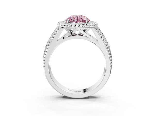 Platinum Round Beaded Halo Engagement Ring Setting for Fancy Pink Center with Pave