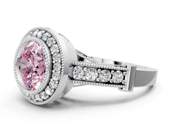 Platinum Round Vintage Bezel Halo Engagement Ring Setting for Fancy Pink Center