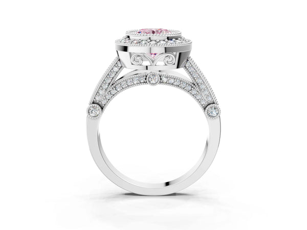 Platinum Round Vintage Bezel Halo Engagement Ring Setting for Fancy Pink Center