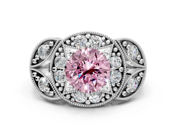 Platinum Fancy Pink Round Cut Halo Milgrain Diamond Engagement Ring with Leaf Band and Four-Prong Setting