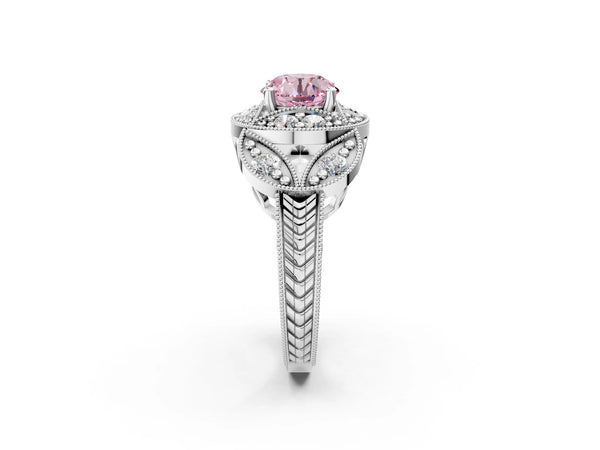 Platinum Fancy Pink Round Cut Halo Milgrain Diamond Engagement Ring with Leaf Band and Four-Prong Setting