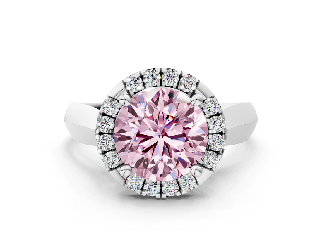 Platinum Fancy Pink Round  Cut Halo Solitaire Engagement Ring with Square Band and Four-Prong Setting_12