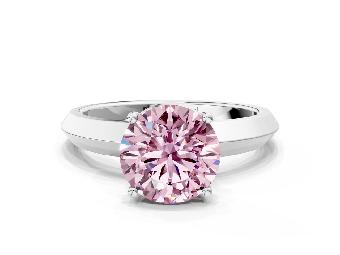 Platinum Fancy Pink Round  Cut Solitaire Engagement Ring with Flat Band and Four-Prong Setting 1
