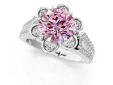 Platinum Fancy Pink Round  Halo Diamond Floral Split Shank Engagement Ring 3