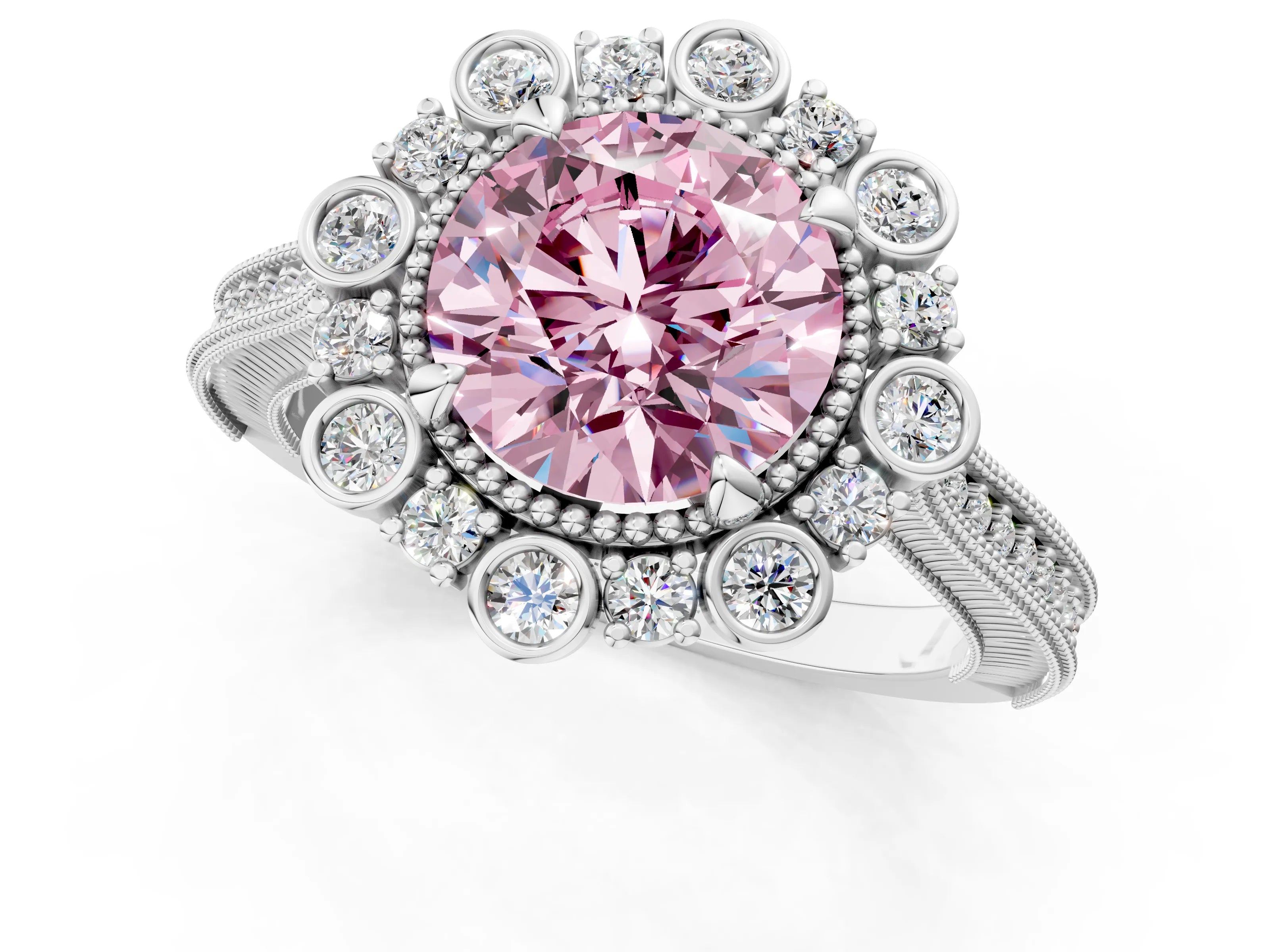 Platinum Fancy Pink Round  Halo Milgrain Pave Diamond Ring with Four-Prong Setting 1