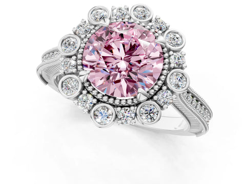 Platinum Fancy Pink Round  Halo Milgrain Pave Diamond Ring with Four-Prong Setting 1