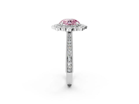 Platinum Fancy Pink Round  Halo Milgrain Pave Diamond Ring with Four-Prong Setting 2