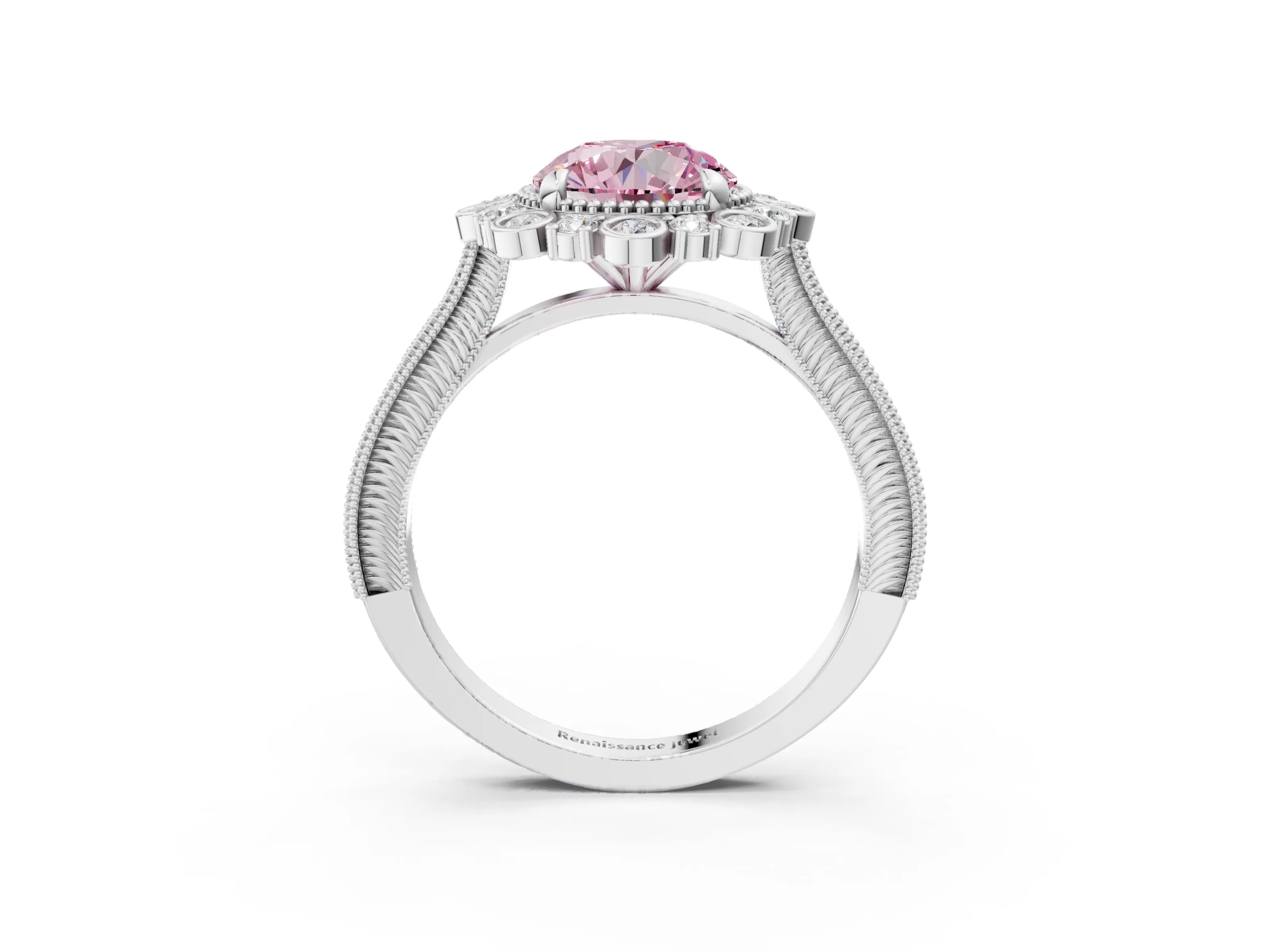 Platinum Fancy Pink Round  Halo Milgrain Pave Diamond Ring with Four-Prong Setting 3