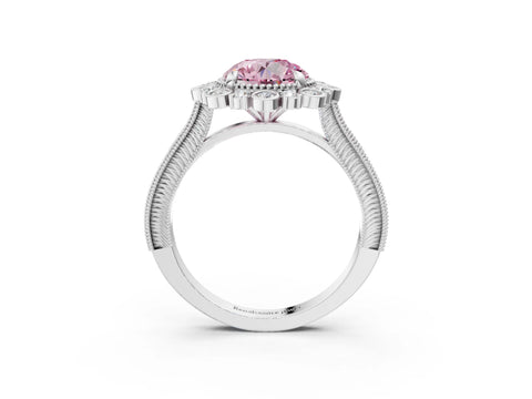 Platinum Fancy Pink Round  Halo Milgrain Pave Diamond Ring with Four-Prong Setting 3