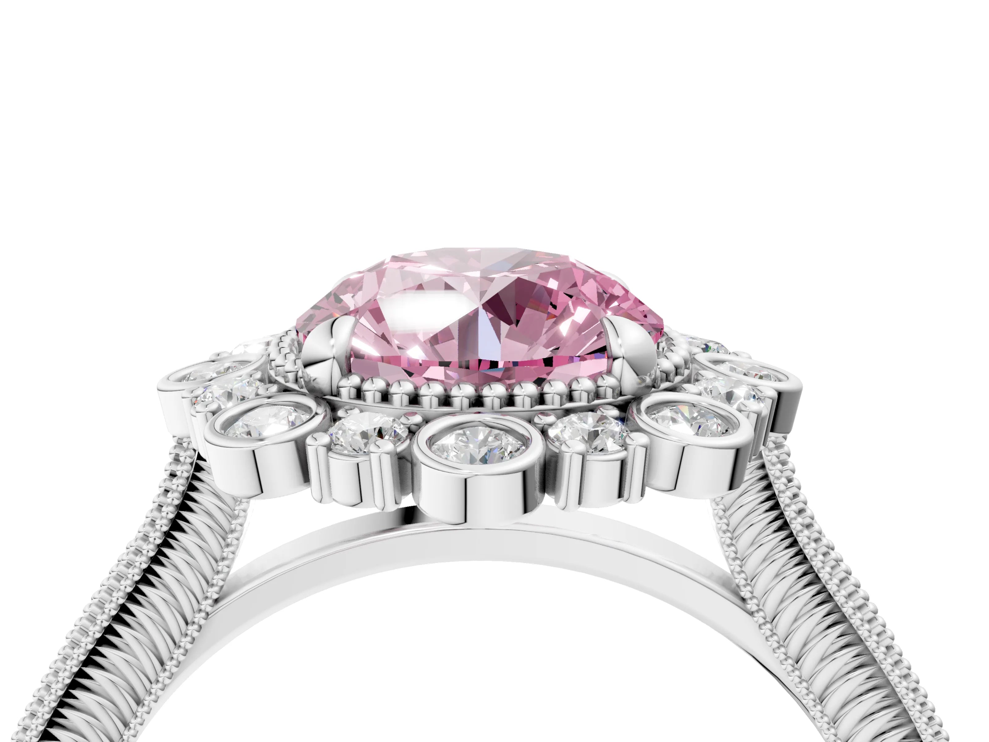Platinum Fancy Pink Round  Halo Milgrain Pave Diamond Ring with Four-Prong Setting 4