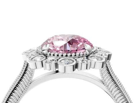 Platinum Fancy Pink Round  Halo Milgrain Pave Diamond Ring with Four-Prong Setting 4