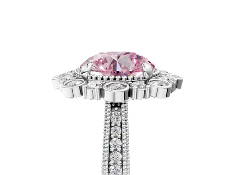 Platinum Fancy Pink Round  Halo Milgrain Pave Diamond Ring with Four-Prong Setting 5