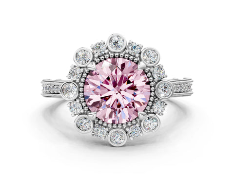 Platinum Fancy Pink Round  Halo Milgrain Pave Diamond Ring with Four-Prong Setting