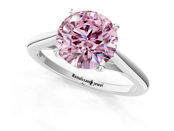 Platinum Fancy Pink Round  Solitaire Engagement Ring with Four-Prong Setting and Classic Band