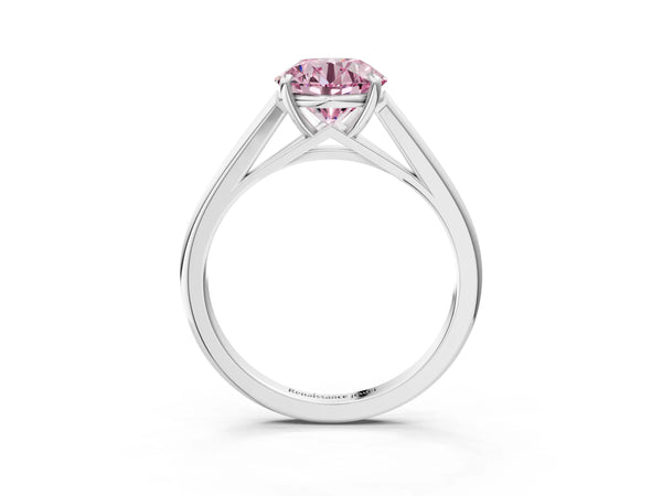 Platinum Fancy Pink Round  Solitaire Engagement Ring with Four-Prong Setting and Classic Band