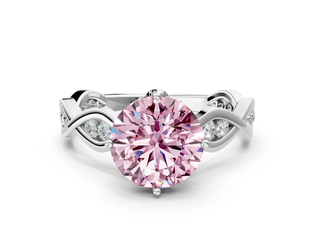 Platinum Fancy Pink Round  Solitaire Twist Band with Leaf Prong Setting