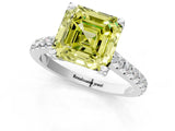 Platinum Fancy Yellow Asscher  Brilliant Diamond Solitaire with Pavé Band and Four-Prong Setting 1