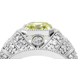 Platinum Fancy Yellow Asscher Cut Brilliant Halo Pave Diamond Milgrain Ring_16
